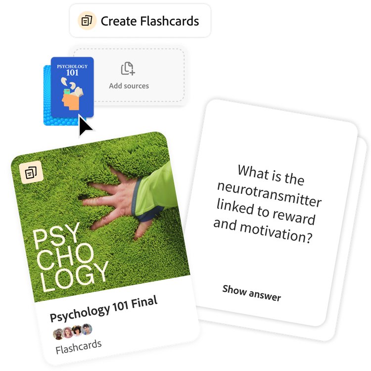 https://main--da-dc--adobecom.aem.page/dc-shared/assets/videos/acrobat/student-spaces/media_12ed9c6abde7e35dd8958f5d615bf0863d8cd7c6f.mp4#_autoplay1|Resources for a psychology course are dropped into a flashcard maker. Without pause, the tool creates flashcards related to the course materials. Cover page fans out to reveal a card.