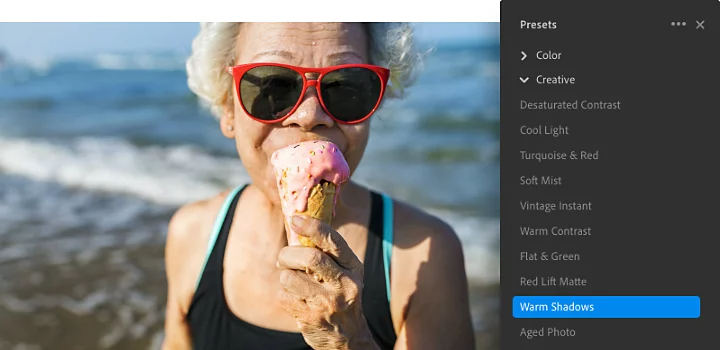 The Adobe {{lightroom}} presets menu superimposed next to a self-portrait of a woman eating ice cream on a waffle cone