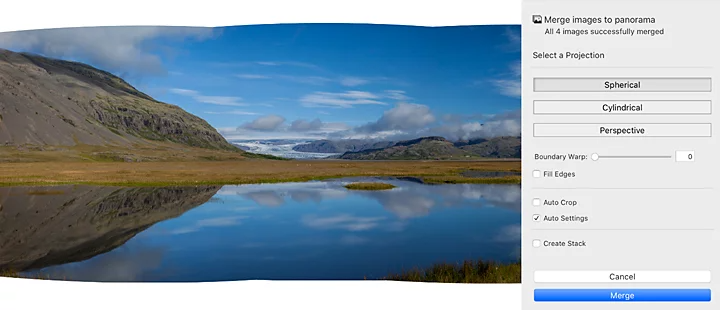 Four photos stiched together of a lake with mountains behind it using Adobe {{lightroom}}