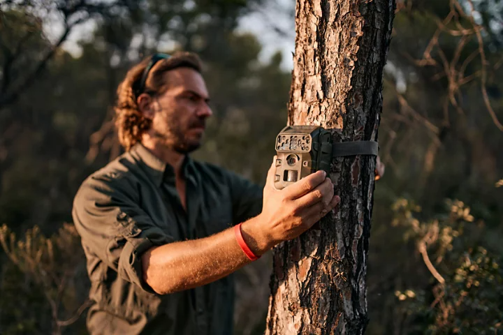 A wildlife photographer mounts a camera trap onto a tree in the forest with a strap