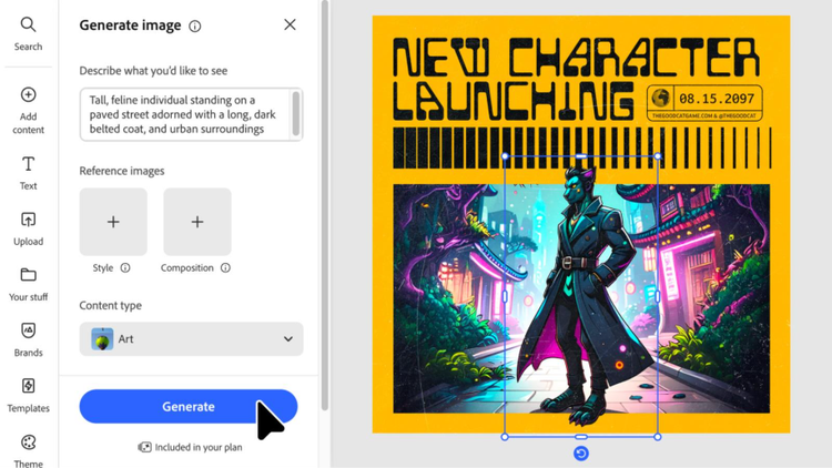 Adobe Firefly interface showing the Generate image feature on the left with a text prompt, reference image options, and a "Generate" button. On the right, a poster-style illustration of a feline humanoid character in a long coat standing in a neon-lit city street, framed within a yellow layout labeled "New Character Launching."