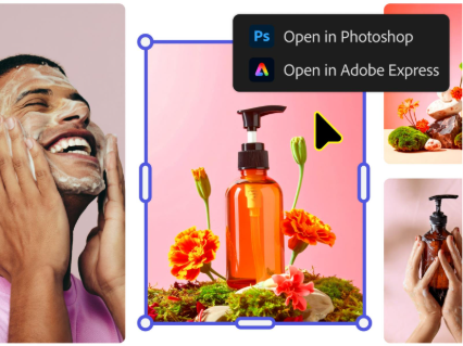 Design workspace showing a selected product image of an amber pump bottle surrounded by flowers on a pink background, outlined with blue resize handles and a cursor, alongside a UI menu offering "Open in Photoshop" and "Open in Adobe Express" with additional skincare images visible nearby.