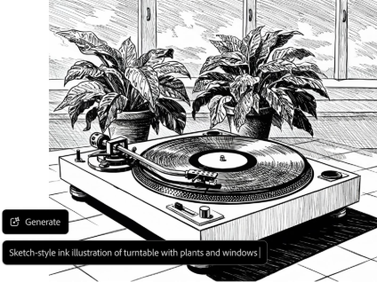 A black-and-white image of a turntable and two plants with UI. Prompt reads: "Sketch-style ink illustration of turntable with plants and windows."