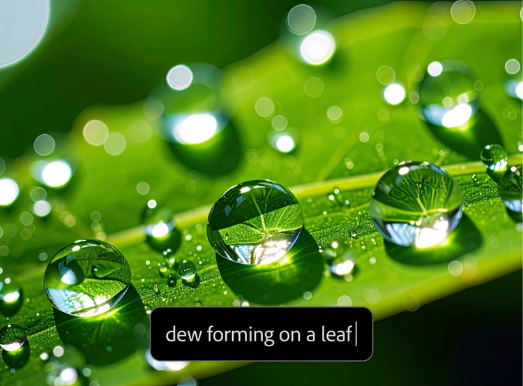 Photorealistic image of macro shot with dew drops forming on leaf and text prompt interface in AI art generator