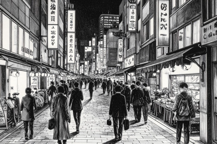 A black-and-white drawing of a busy Japanese pedestrian street in a shopping district.