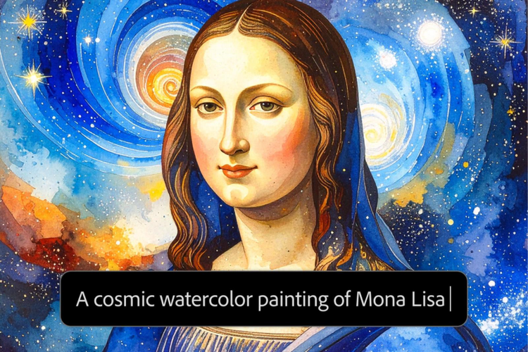 Cosmic-style watercolor illustration of the Mona Lisa set against a swirling, star-filled blue and gold galaxy background, overlaid with a UI text prompt reading, "A cosmic watercolor painting of Mona Lisa."