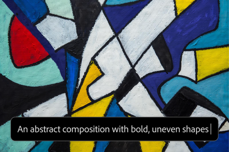 Abstract painting featuring bold, uneven geometric shapes in blue, yellow, white, black, red, and teal, with thick, textured brushstrokes, overlaid by a UI text prompt reading, "An abstract composition with bold, uneven shapes.”