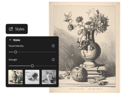 AI art generator interface showing four variations of vintage style AI art with still life illustration