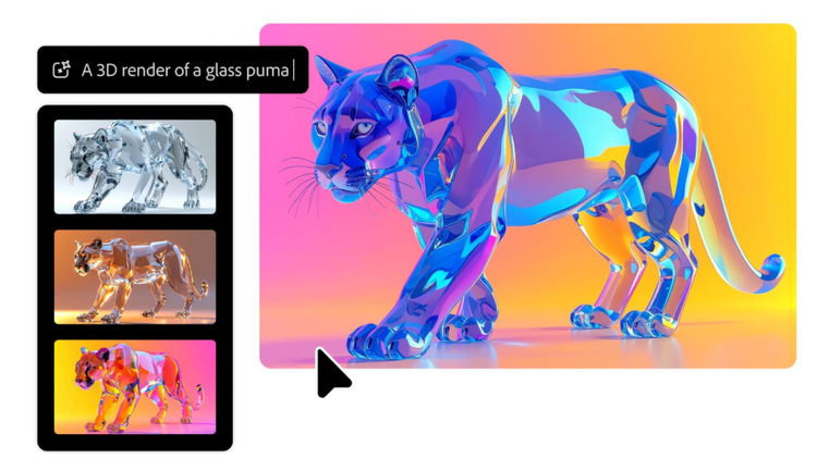 Colorful 3D render of a glass-like puma in motion, reflecting blue, pink, and yellow hues against a gradient background, shown within a Firefly interface that includes a UI text prompt reading, "A 3D render of a glass puma" and a sidebar of style variations.