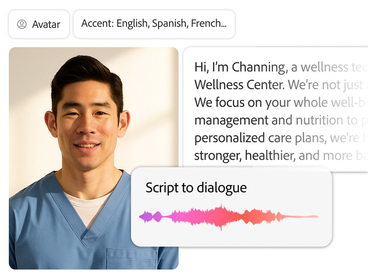 Digital avatar of a healthcare professional alongside a script-to-dialogue interface with an audio waveform.