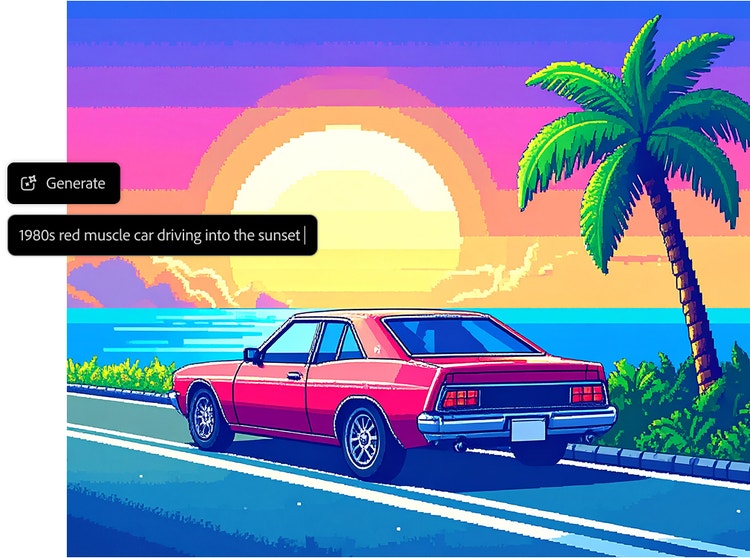 AI generated pixel art of a car on coastal road during the sunset.