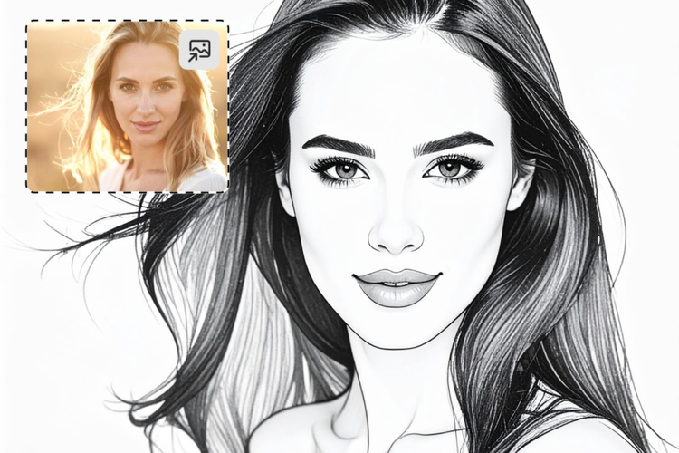 A black-and-white illustration of a woman with shoulder-length hair facing the camera. A photo in the top left corner with UI is shows a reference for the illustration.