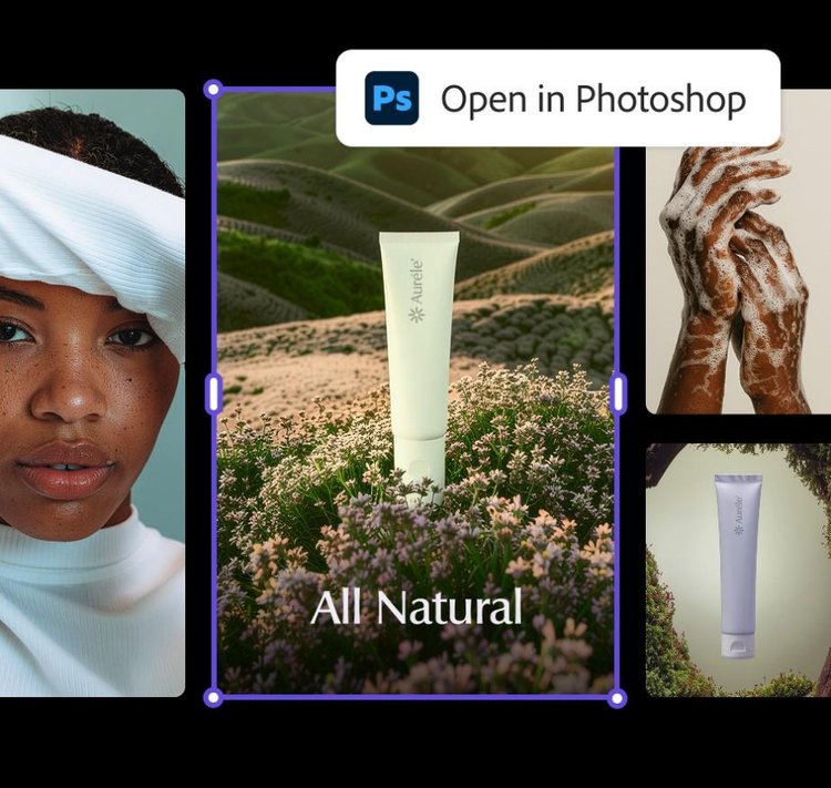AI-powered image editing concept showing natural skincare product in a floral meadow with design options and Photoshop integration.