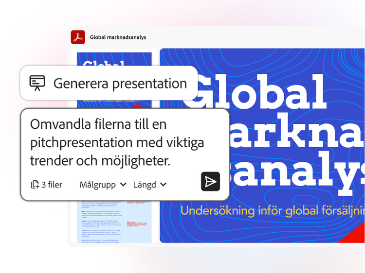 Gränssnitt föreställandes "Generera presentation" från filer, som konverterar tre dokument till ett bildspel över en global marknadsanalys.