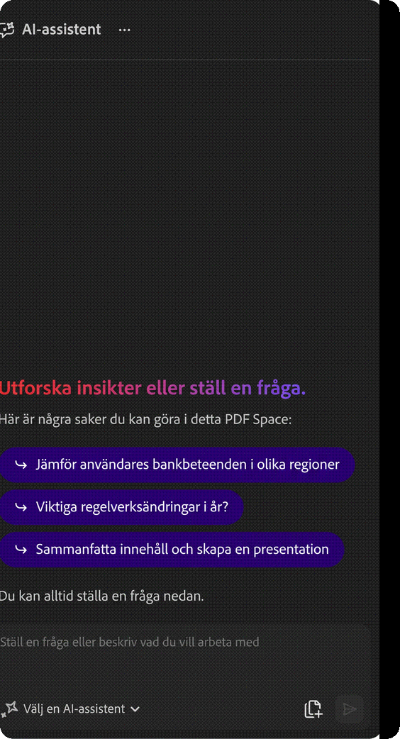 Acrobats AI-assistent i ett PDF Space visar föreslagna frågor och en chattruta där du kan ställa frågor om dina filer.