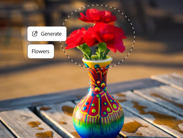 Färgglad vas med klarröda blommor markerad för AI-driven bildredigering på ett träbord utomhus