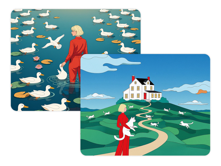 Två illustrationer av samma unga kvinna i två olika miljöer visas sida vid sida. på den ena bilden står hon en ankdamm. Den andra visar henne när hon håller en vit katt och går längs en gångväg upp mot ett hus.