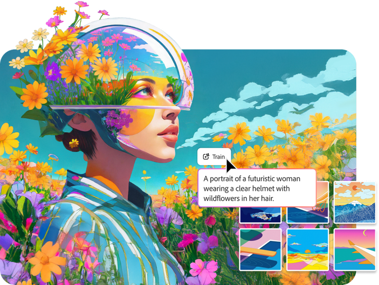 Genererad bild med en prompt som lyder "Ett porträtt av en futuristisk kvinna som bär en genomskinlig hjälm med vilda blommor i håret."