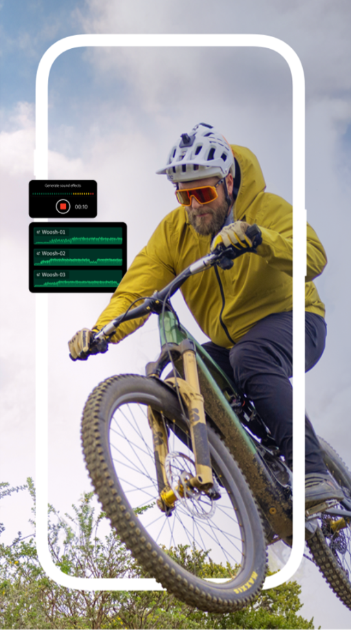 Videobild av en person på mountainbike som gör ett hopp med en överlagring av gränssnittet för Generera ljudeffekter i Premiere on iPhone.