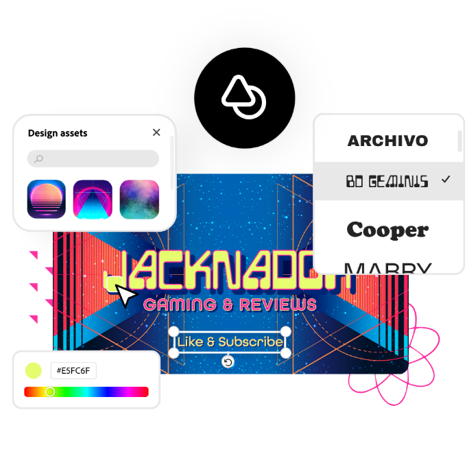 YouTube banner created with Adobe Express and its editing tools, featuring windows with design assets, fonts, and colors.