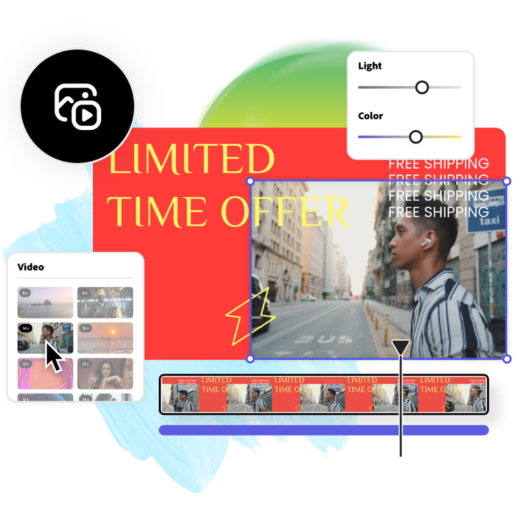 Icons, graphic elements, and a video about a limited time offer being edited in the background.