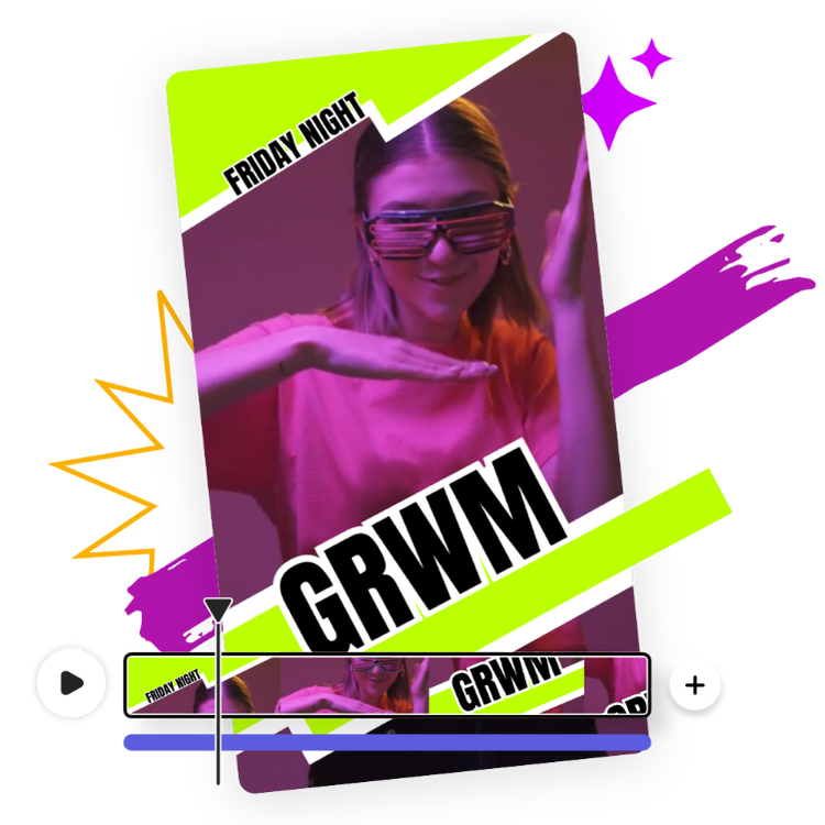 Still frame of a video with a blonde girl in unique glasses, 'GRWM' text, pink filter, neon green elements, and an editing bar below.
