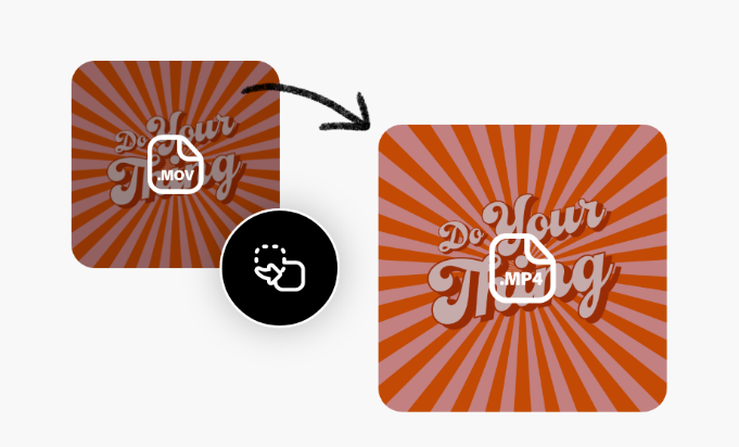 Duplicated still frame of a video with 'Do your thing' text in pink, pink and orange background, icons for .mov, .mp4, and format conversion.