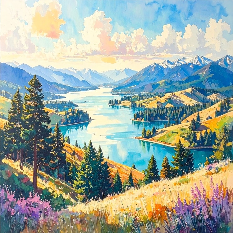 AI-genererad bild av ett målat landskap med en slingrande flod som rinner genom en bergsdal med barrträd och böljande kullar. Mjuka moln och varmt dagsljus lyser upp scenen och skapar en fridfull, sagoboksatmosfär.