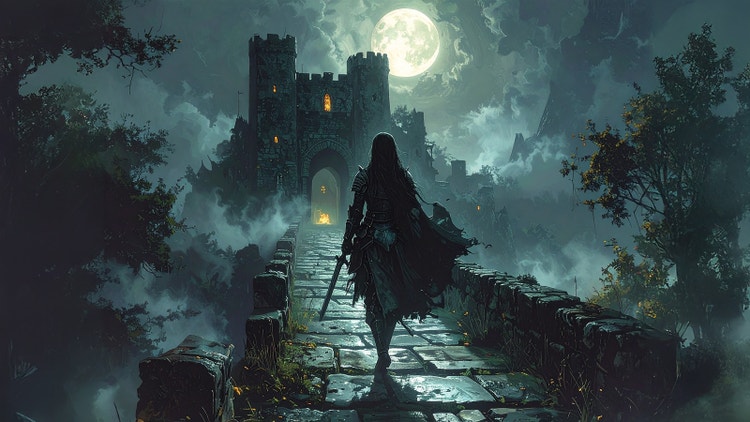 AI-genererad bild av en mörk fantasyscen som visar en krigare i mantel som går över en stenbro mot ett månbelyst slott, omgiven av dimma och dramatiska moln på natten.