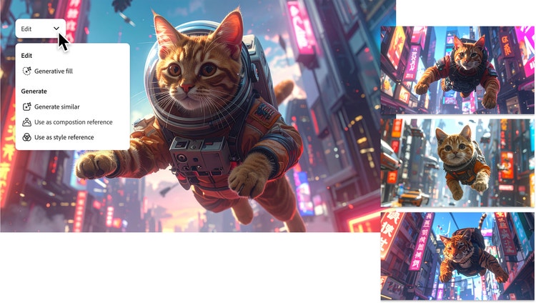 AI-genererade bilder av en katt i rymddräkt som svävar i en futuristisk storstad, tre varianter till höger visar liknande scener med olika typer av katter, från kattunge till tiger, Fireflys meny Redigera överlagrad till vänster.