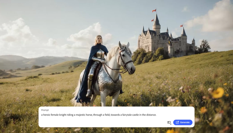 En AI-genererad bild av en kvinnlig riddare som rider på en vit häst mot ett sagoslott med text-till-bild-prompt överlagt.