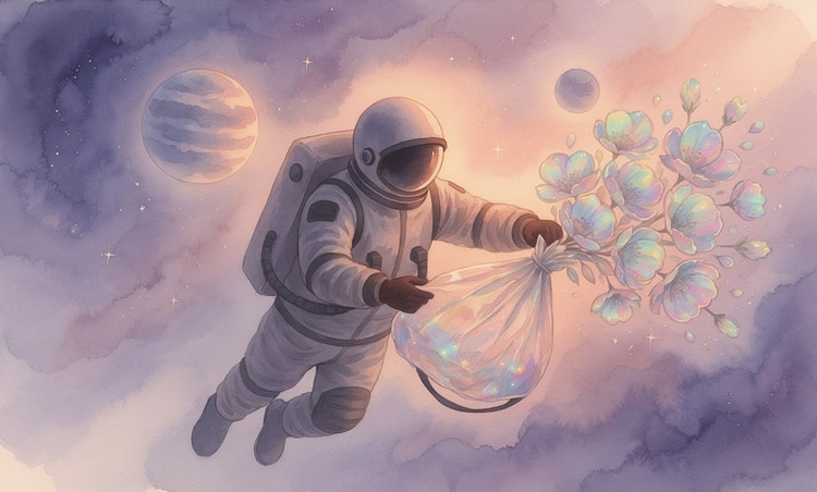 Pastellfärgad vattenfärgmålning av en astronaut i rymden som håller iriserande blommor, med en överlagring av prompten som användes för att generera bilden.