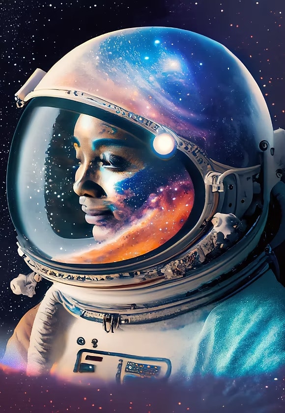 double exposure of the Milky Way galaxy inside the helmet of an astronaut