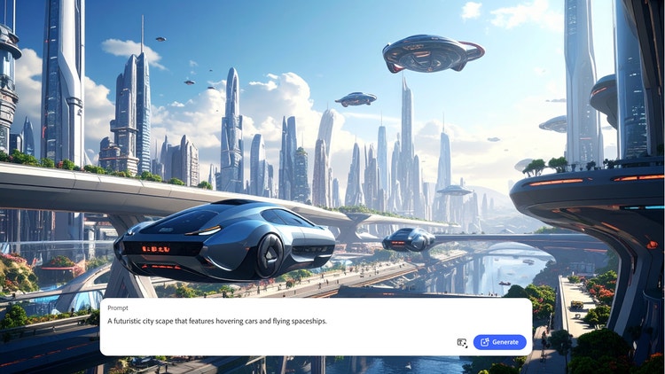 En AI-genererad futuristisk storstadsbild med flygande bilar och rymdskepp, med text-till-bild-prompt överlagrat.