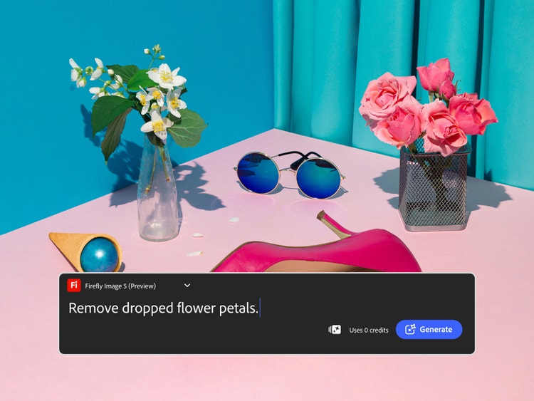 Ett rosa bord med blommor i vaser och textprompten "remove dropped flower petals" visar hur man använder AI-fotoredigeraren för att ta bort störande element.