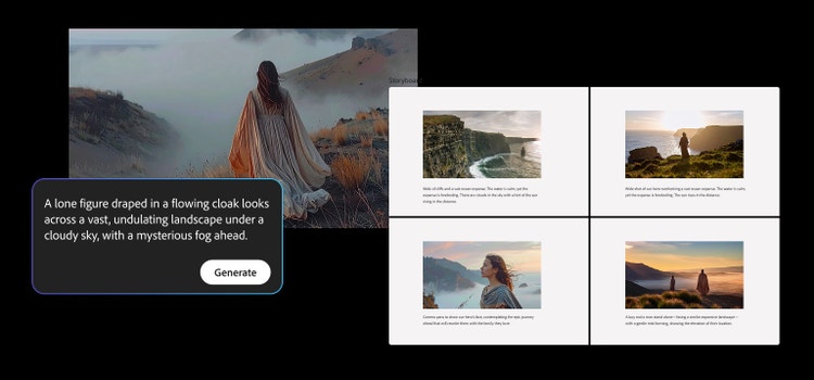 Ett exempel på utdata från AI-storyboardgeneratorn visar en filmisk scenprompt med matchande utseende, inklusive en ensam figur i kappa som blickar ut över ett dimmigt landskap.