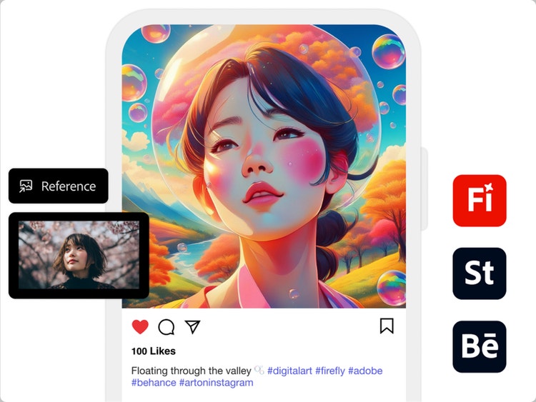 AI-genererad bild av flicka som tittar genom en bubbla i surrealistisk konststil med referensbild i AI-animegeneratorn