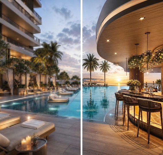 Delad arkitekturrendering med ett suddigt poolresortskoncept till vänster och en uppsnyggad rendering av en bar vid vattnet till höger.