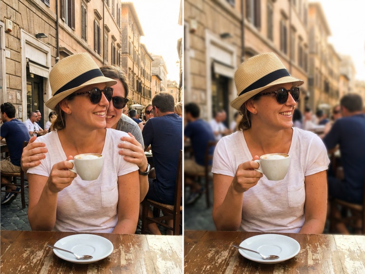 Före- och efterbilder av Firefly Generativ borttagning som raderar en person som fotobombar en kvinna som dricker kaffe på en uteservering.