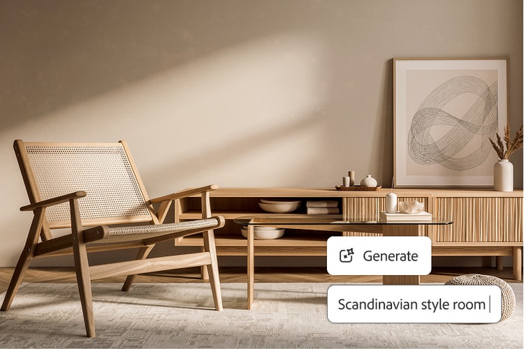 Ett beige rum med trämöbler och en överlagring av Firefly-promptfältet och prompten "Skandinavisk rumsdesign."
