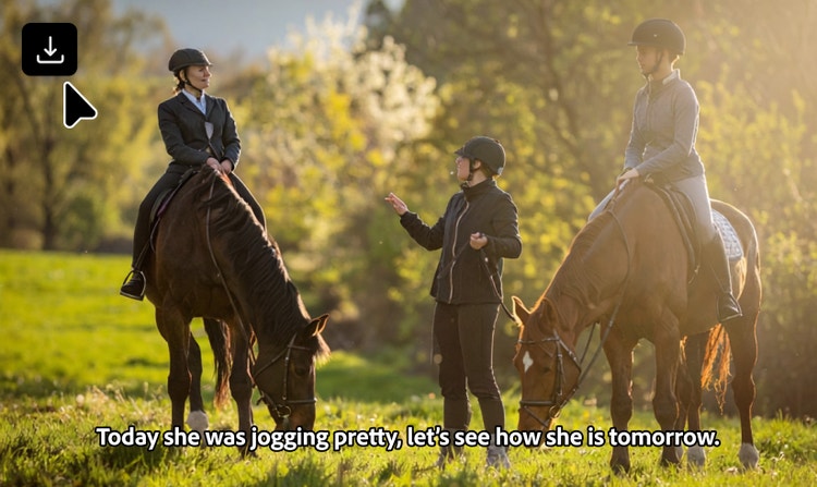 Två ryttare i ridkläder. En tredje person, också i ridkläder, är till fots och pratar med ryttarna. Undertexter visar "Today she was jogging pretty, let’s see how she is tomorrow."