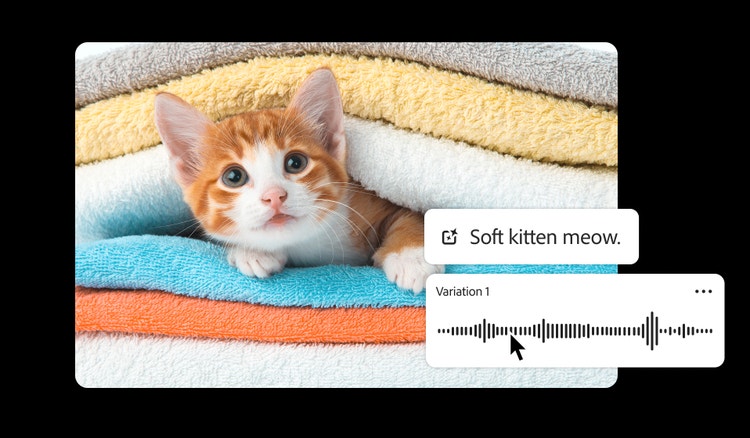 En lekfull orange kattunge som gömmer sig i en hög med handdukar med AI-ljudgeneratorns promptfält som visar orden "mjukt kattungemjau", vilket demonstrerar hur du skapar realistiska kattmjau-ljudeffekter i Firefly.