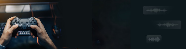 Händer som håller en spelkontroll med ljudvågsformer som visar hur en ljudeffektgenerator används för att skapa knappljud.