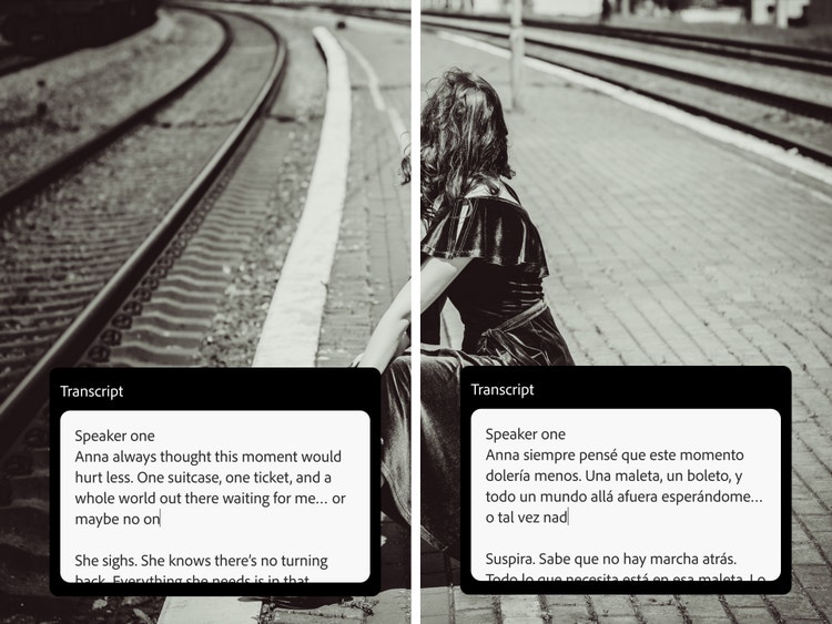 En svartvit stillbild av en kvinna som sitter på en resväska vid tågspår med undertexter översatta från engelska till spanska.