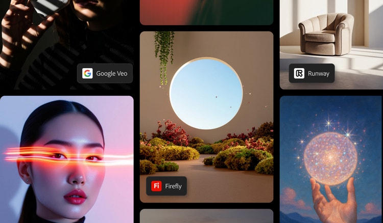 AI-redigerat kollage som visar partnermodeller för bild- och videogenerering i Firefly, med Google Veo, Runway och Firefly, tillsammans med bilder av ett lysande klot och ett naturskönt landskap