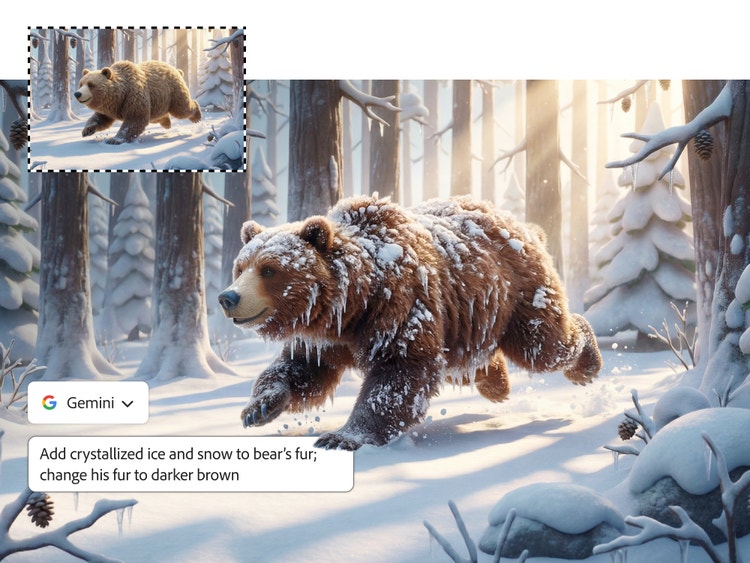 En AI-genererad bild av en björn som springer genom en skog på vintern, med mörkbrun päls täckt av is och snö. I övre vänstra hörnet finns en liknande bild av en björn med ljusbrun päls utan is eller snö. En Gemini-promptruta säger "Lägg till kristalliserad is och snö i björnens päls; ändra pälsen till mörkare brun."
