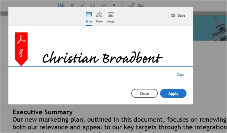 Acrobat tool displaying the name Christian Broadbent in digital cursive script.