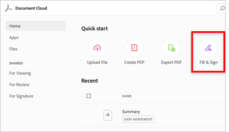 Adobe Acrobat homepage with a red outline around the fill & sign tool.