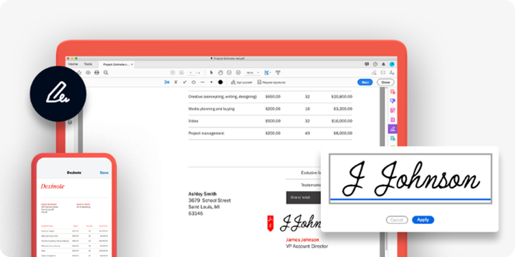 bärbar dator och mobiltelefon som visar en pdf av en försäljningskalkyl och e-signaturfältet signerat J Johnson