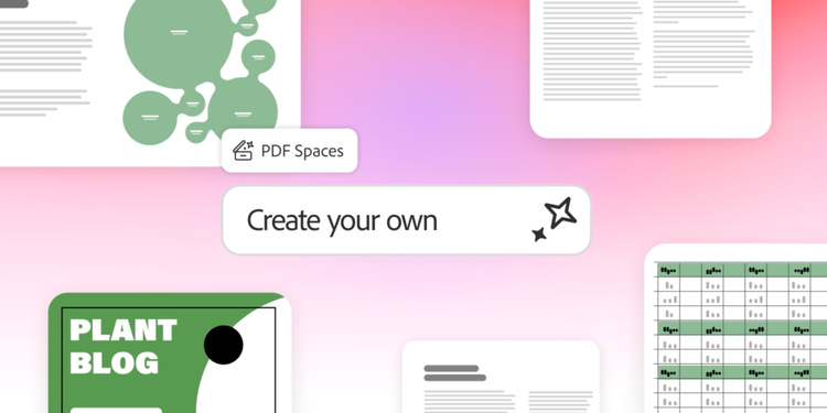 https://main--da-dc--adobecom.aem.page/dc-shared/assets/videos/acrobat/generative-ai-pdf/media_10cb55a8d74a3f89cb6bc1df71695acc2ea784ac7.mp4#_autoplay1 | Acrobat PDF Spaces graphic showing a pastel workspace with documents, charts, and a ‘Create your own’ callout.